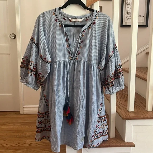 Zara Boho Mini Dress Blue and White Striped Embroidered size Small - Picture 9 of 12